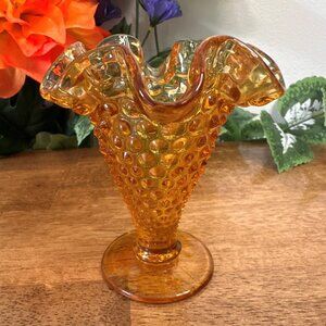 Amber‎ Hobnail Ruffled Glass Vase Vintage Mid-Century Decor Likely Fenton